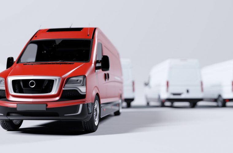 Red commercial van and fleet of white trucks. Transport, shipping industry. 3D illustration